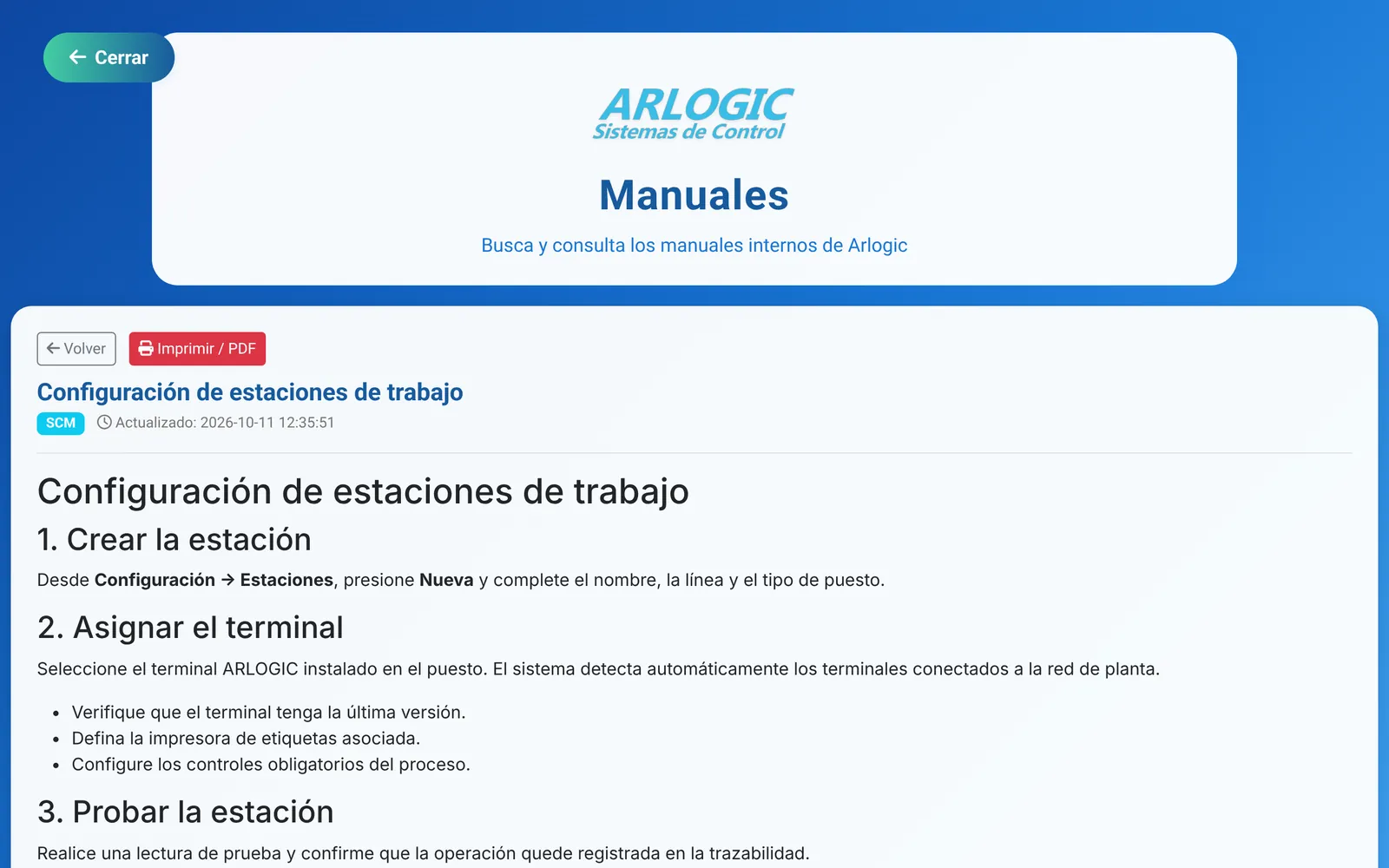 Manual abierto con sus pasos, listo para imprimir o exportar a PDF