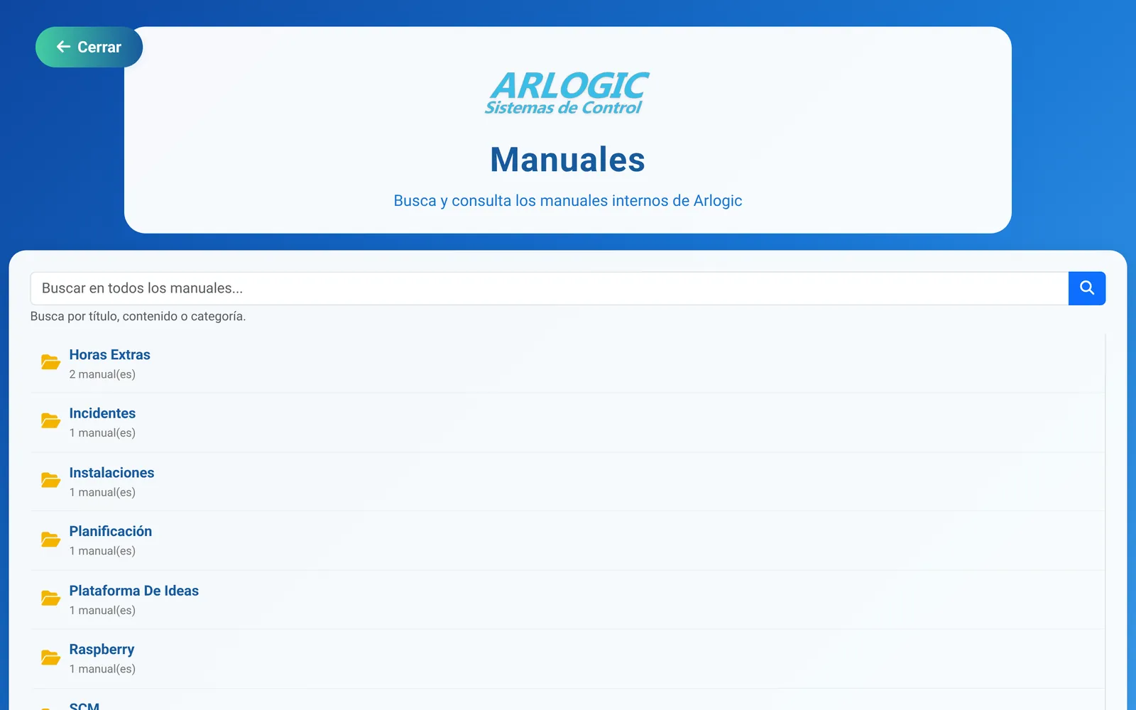 Manuales en línea organizados en carpetas por producto