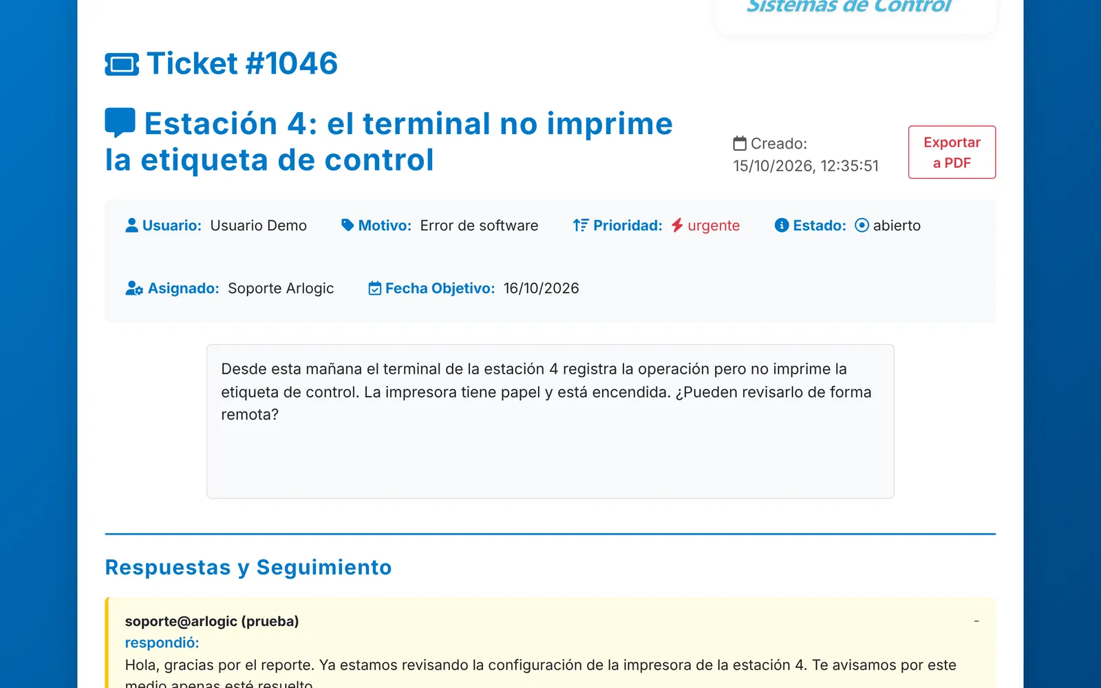 Detalle de un ticket con la conversación entre el cliente y el equipo de soporte