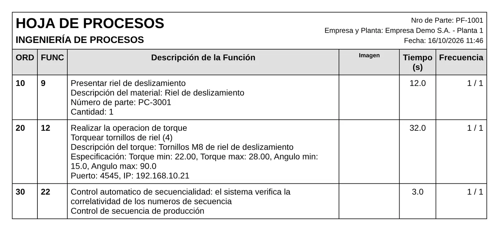 Hoja de procesos de una estación con sus operaciones, materiales, torque y tiempos